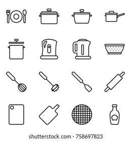 Thin line icon set : cafe, pan, saute, kettle, colander, whisk, spatula, rolling pin, cutting board, sieve, ketchup