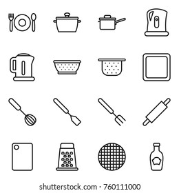 Thin line icon set : cafe, pan, saute, kettle, colander, cutting board, whisk, spatula, big fork, rolling pin, grater, sieve, ketchup