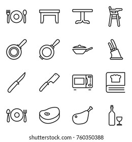 Thin line icon set : cafe, table, Chair for babies, pan, knife holder, chef, microwave oven, cooking book, fork spoon plate, steak, chicken leg, wine