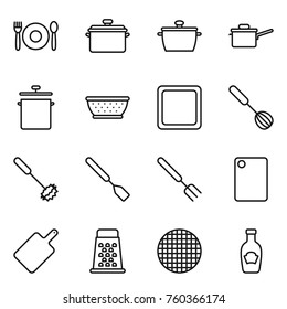 Thin line icon set : cafe, pan, saute, colander, cutting board, whisk, spatula, big fork, grater, sieve, ketchup