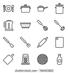 Thin line icon set : cafe, pan, saute, kettle, colander, whisk, spatula, big fork, rolling pin, cutting board, grater, sieve, ketchup