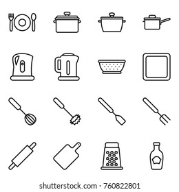 Thin line icon set : cafe, pan, saute, kettle, colander, cutting board, whisk, spatula, big fork, rolling pin, grater, ketchup