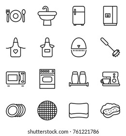 Thin line icon set : cafe, sink, fridge, apron, egg timer, whisk, microwave oven, salt pepper, coffee maker, plates, sieve, sponge, with foam