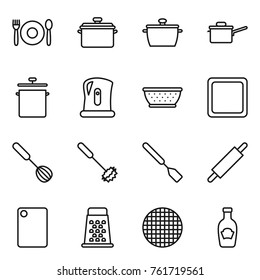 Thin line icon set : cafe, pan, saute, kettle, colander, cutting board, whisk, spatula, rolling pin, grater, sieve, ketchup