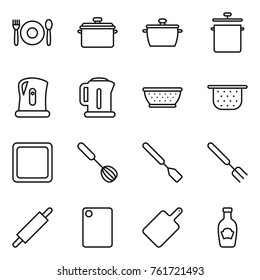 Thin line icon set : cafe, pan, kettle, colander, cutting board, whisk, spatula, big fork, rolling pin, ketchup