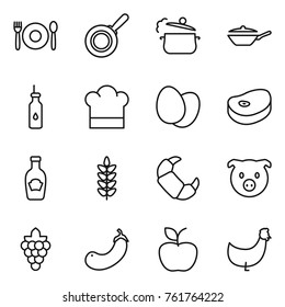 Thin line icon set : cafe, pan, steam, vegetable oil, cook hat, eggs, steake, ketchup, spikelets, croissant, pig, grape, eggplant, apple, chicken