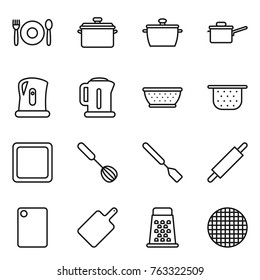 Thin line icon set : cafe, pan, saute, kettle, colander, cutting board, whisk, spatula, rolling pin, grater, sieve