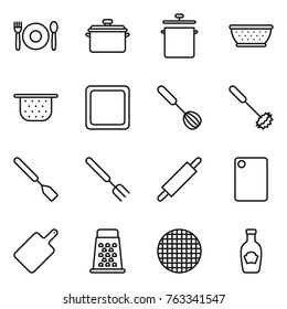 Thin line icon set : cafe, pan, colander, cutting board, whisk, spatula, big fork, rolling pin, grater, sieve, ketchup