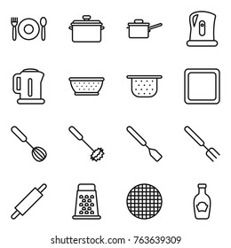 Thin line icon set : cafe, pan, saute, kettle, colander, cutting board, whisk, spatula, big fork, rolling pin, grater, sieve, ketchup