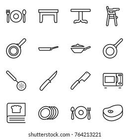 Thin line icon set : cafe, table, Chair for babies, pan, skimmer, knife, chef, microwave oven, cooking book, plates, fork spoon plate, steake