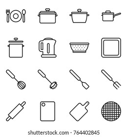 Thin line icon set : cafe, pan, saute, kettle, colander, cutting board, whisk, spatula, big fork, rolling pin, sieve
