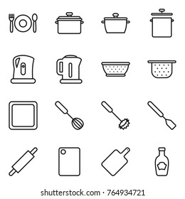 Thin line icon set : cafe, pan, kettle, colander, cutting board, whisk, spatula, rolling pin, ketchup