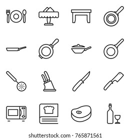 Thin line icon set : cafe, restaurant, table, pan, skimmer, knife holder, chef, microwave oven, cooking book, steake, wine