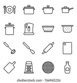 Thin line icon set : cafe, pan, saute, kettle, colander, whisk, spatula, rolling pin, cutting board, grater, sieve, ketchup