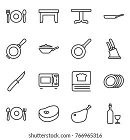 Thin line icon set : cafe, table, pan, knife holder, microwave oven, cooking book, plates, fork spoon plate, steake, chicken leg, wine