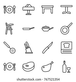 Thin line icon set : cafe, restaurant, table, Chair for babies, pan, skimmer, knife holder, cooking book, fork spoon plate, steake, chicken leg, wine