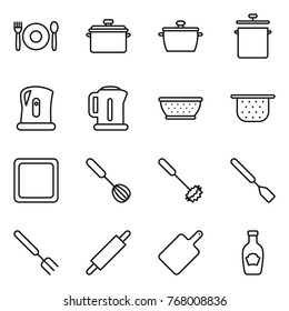 Thin line icon set : cafe, pan, kettle, colander, cutting board, whisk, spatula, big fork, rolling pin, ketchup