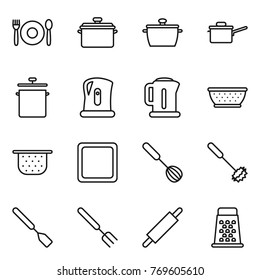 Thin line icon set : cafe, pan, saute, kettle, colander, cutting board, whisk, spatula, big fork, rolling pin, grater