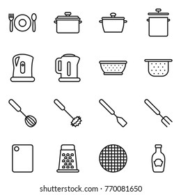 Thin line icon set : cafe, pan, kettle, colander, whisk, spatula, big fork, cutting board, grater, sieve, ketchup