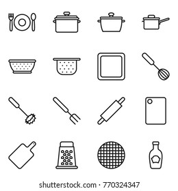 Thin line icon set : cafe, pan, saute, colander, cutting board, whisk, big fork, rolling pin, grater, sieve, ketchup