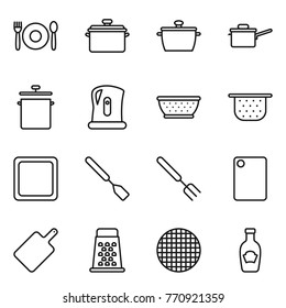 Thin line icon set : cafe, pan, saute, kettle, colander, cutting board, spatula, big fork, grater, sieve, ketchup