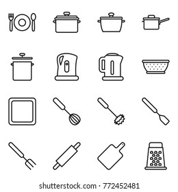 Thin line icon set : cafe, pan, saute, kettle, colander, cutting board, whisk, spatula, big fork, rolling pin, grater
