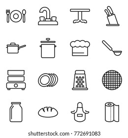 Thin line icon set : cafe, water tap, table, stands for knives, saute pan, chief hat, ladle, double boiler, plates, grater, sieve, bank, bread, apron, paper towel