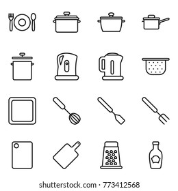 Thin line icon set : cafe, pan, saute, kettle, colander, cutting board, whisk, spatula, big fork, grater, ketchup