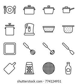 Thin line icon set : cafe, pan, saute, kettle, colander, cutting board, whisk, spatula, grater, sieve, ketchup