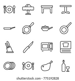 Thin line icon set : cafe, restaurant, table, pan, knife holder, microwave oven, cooking book, plates, fork spoon plate, chicken leg, wine