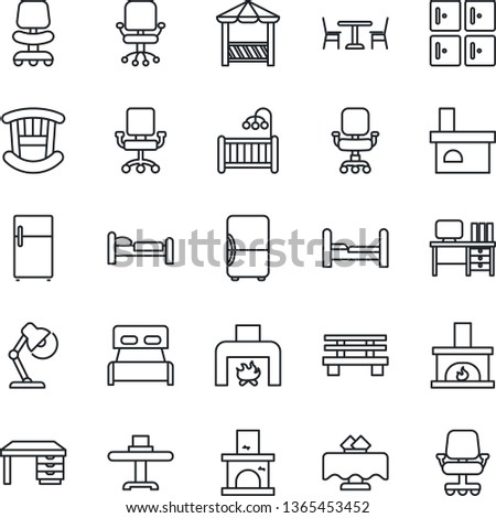 Thin Line Icon Set - cafe vector, bed, checkroom, office chair, desk, bench, fireplace, lamp, bedroom, children room, restaurant table, alcove, fridge