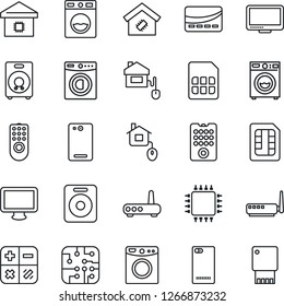 Thin Line Icon Set - calculator vector, monitor, speaker, phone back, sim, washer, smart home, credit card, control, chip, remote, router, usb flash