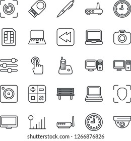 Thin Line Icon Set - calculator vector, notebook pc, bench, clock, camera, touch screen, monitor, laptop, radio phone, rewind, mobile, tuning, sim, face id, eye, cellular signal, pen, router