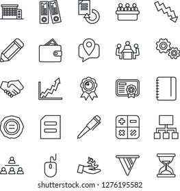 Thin Line Icon Set - calculator vector, office binder, medal, mouse, pen, notepad, document, crisis graph, meeting, reload, pencil, stamp, mobile tracking, hierarchy, building, gear, palm sproute