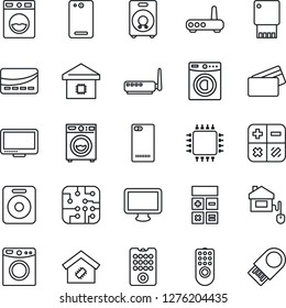 Thin Line Icon Set - calculator vector, monitor, speaker, phone back, washer, smart home, credit card, control, chip, remote, router, usb flash