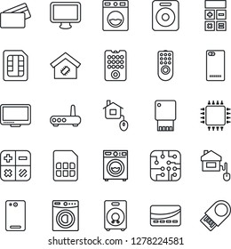 Thin Line Icon Set - calculator vector, monitor, speaker, phone back, sim, washer, smart home, credit card, control, chip, remote, router, usb flash