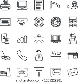 Thin Line Icon Set - calculator vector, desk, document, money bag, manager place, printer, ladder, lawn mower, plant label, truck trailer, clock, laptop pc, call, rooms, factory, restaurant table