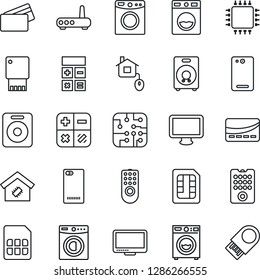 Thin Line Icon Set - calculator vector, monitor, speaker, phone back, sim, washer, smart home, credit card, control, chip, remote, router, usb flash