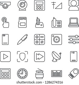 Thin Line Icon Set - calculator vector, pen, clock, barcode, satellite antenna, touch screen, radio phone, play button, fast forward, back, mobile camera, tuning, sd, face id, cellular signal, web