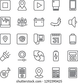 Thin Line Icon Set - calculator vector, caterpillar, navigation, low battery, play button, stop, mobile, scanner, calendar, torch, brightness, place tag, fingerprint id, music, charge, application