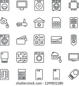 Thin Line Icon Set - calculator vector, monitor, speaker, phone back, sim, washer, smart home, credit card, control, chip, remote, router, usb flash
