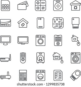 Thin Line Icon Set - calculator vector, monitor, speaker, phone back, sim, washer, smart home, credit card, control, chip, remote, router, usb flash