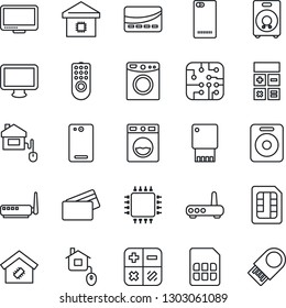 Thin Line Icon Set - calculator vector, monitor, speaker, phone back, sim, smart home, credit card, control, chip, remote, router, washer, usb flash