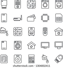Thin Line Icon Set - calculator vector, monitor, speaker, phone back, sim, washer, smart home, credit card, control, chip, remote, router, usb flash