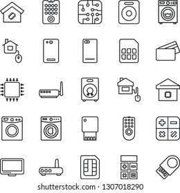 Thin Line Icon Set - calculator vector, monitor, speaker, phone back, sim, washer, smart home, credit card, control, chip, remote, router, usb flash