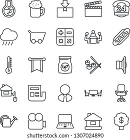 Thin Line Icon Set - calculator vector, notebook pc, watering can, rain, fertilizer, 24 hours, package, clapboard, speaker, video camera, news, office chair, meeting, house, estate agent, beer, cart
