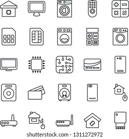 Thin Line Icon Set - calculator vector, monitor, speaker, phone back, sim, washer, smart home, credit card, control, chip, remote, router, usb flash