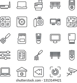 Thin Line Icon Set - calculator vector, garden fork, bench, camera, remote control, monitor, laptop pc, rewind, mobile, tuning, sd, sim, eye id, notebook, copier, smart home, chip, router, usb flash