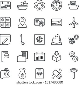 Thin Line Icon Set - calculator vector, navigation, satellite, package, flammable, camera, settings, notes, fingerprint id, calendar, document folder, sun panel, salad, credit card, ladle, gear, tie