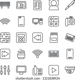 Thin Line Icon Set - calculator vector, notebook pc, bench, barcode, camera, monitor, radio phone, play button, fast forward, rewind, back, tuning, sd, sim, wireless, face id, copier, pen, chip